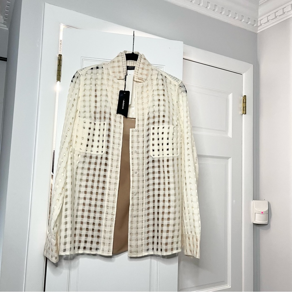 Akris Cream & Tan Wool Spring Blouse with Perforated Design